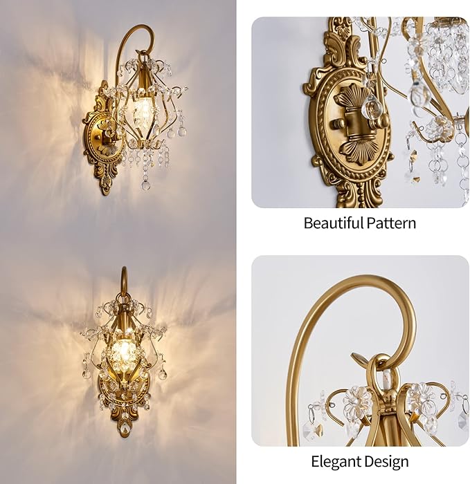 Gold Crystal Vintage Wall Sconces Set of 2 Indoor Hardwired Wall Light Fixture, Modern Wall Mount Lamp Light for Bedroom Living Room Bathroom Vanity Light Hallway Light Fixture Decor LED E12