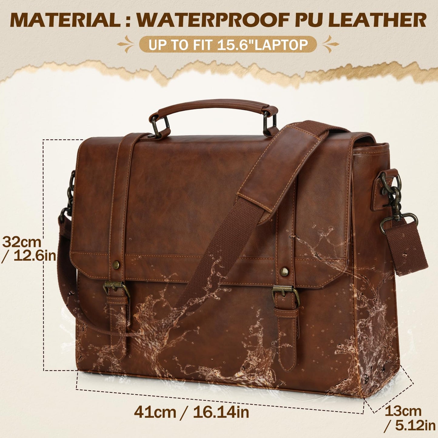 IGOLUMON Messenger Bag for Men 15.6 inch Vintage Leather Waterproof Laptop Briefcase Large Computer Laptop Bag Leather Satchel Bag Retro Shoulder Bag for Office Business Travel College, Brown