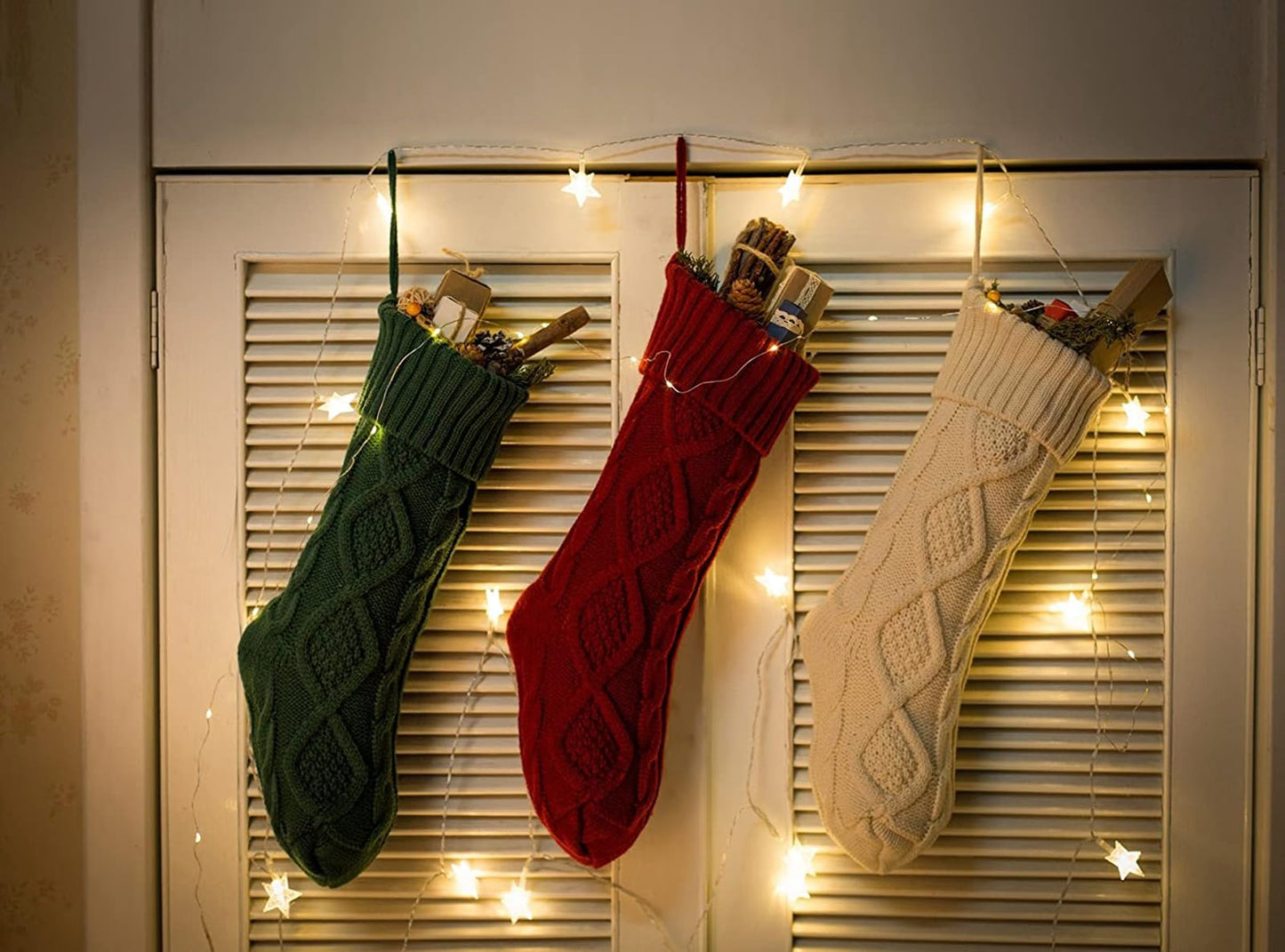 Fesciory Christmas Stockings, 3 Pack 18 Inches Cable Knitted Large Size Stocking Gifts & Decorations for Family Holiday Xmas Party (Burgundy&Ivory White and Green 18in)