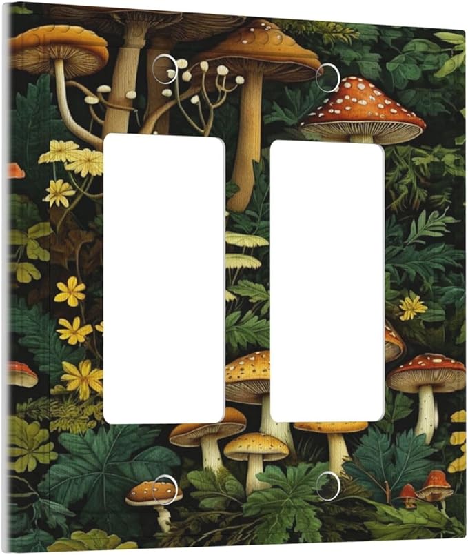 Mushrooms Forest Nature Botanical Art Dual Outlet Covers Wall Plate 2 Gang Rocker Decora Decorative Switchplate Electrical Faceplate GFCI Light Switch Covers for Farmhouse Living Decor