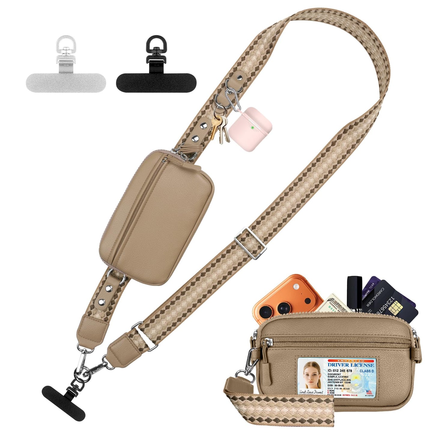 YFWE Clip and Go Phone Strap with Crossbody Wallet, Adjustable Phone Lanyard with Detachable RFID Wristlet Wallet, Anti-Theft Leather Purse with ID Window for Travel Essentials (Khaki)
