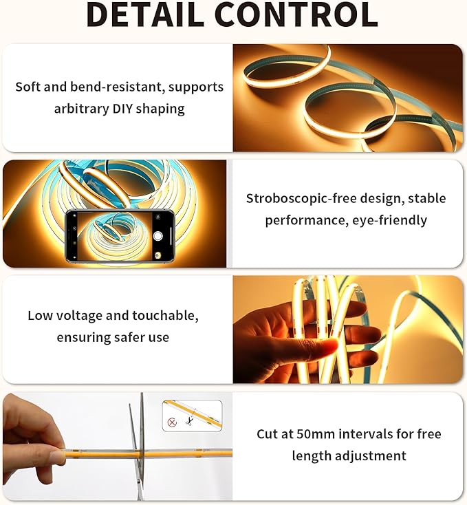 3.28FT/1M COB LED Strip Light 3000K Warm White High Lumen Dimmable Strip Paired USB Suitable for Bedroom Cabinets