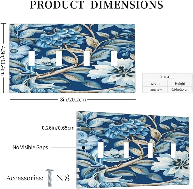 Blue Flowers Branches Leaves Floral Pattern Light Switch Covers Quad Toggle 4 Gang Wall Plate Decorative Switchplate Electrical Faceplate for Farmhouse Bathroom Living Decor