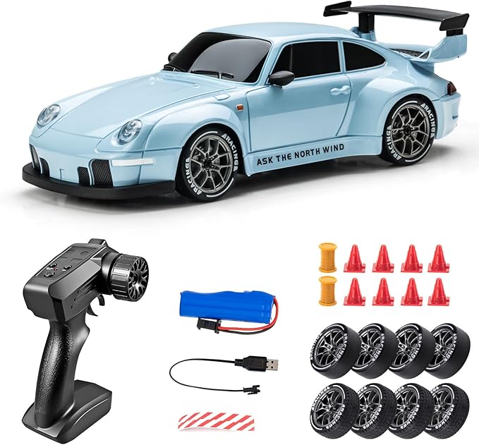 High Speed 1:24 4WD RC Drift Car with Proportional 2.4G Remote Control Dual Tire Configuration and LED Light Racing Vehicle Model for Adults Enthusiasts– Light Blue