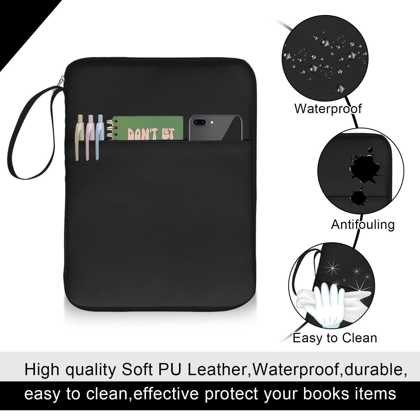 QRZIQRZ Black Book Sleeve Kindle Pouch, Book Protector Case with Zipper, PU Leather Waterproof Book Cover Bag, Portable Book Pouch for Book Lovers Gifts Paperbacks Bibles Hardcover