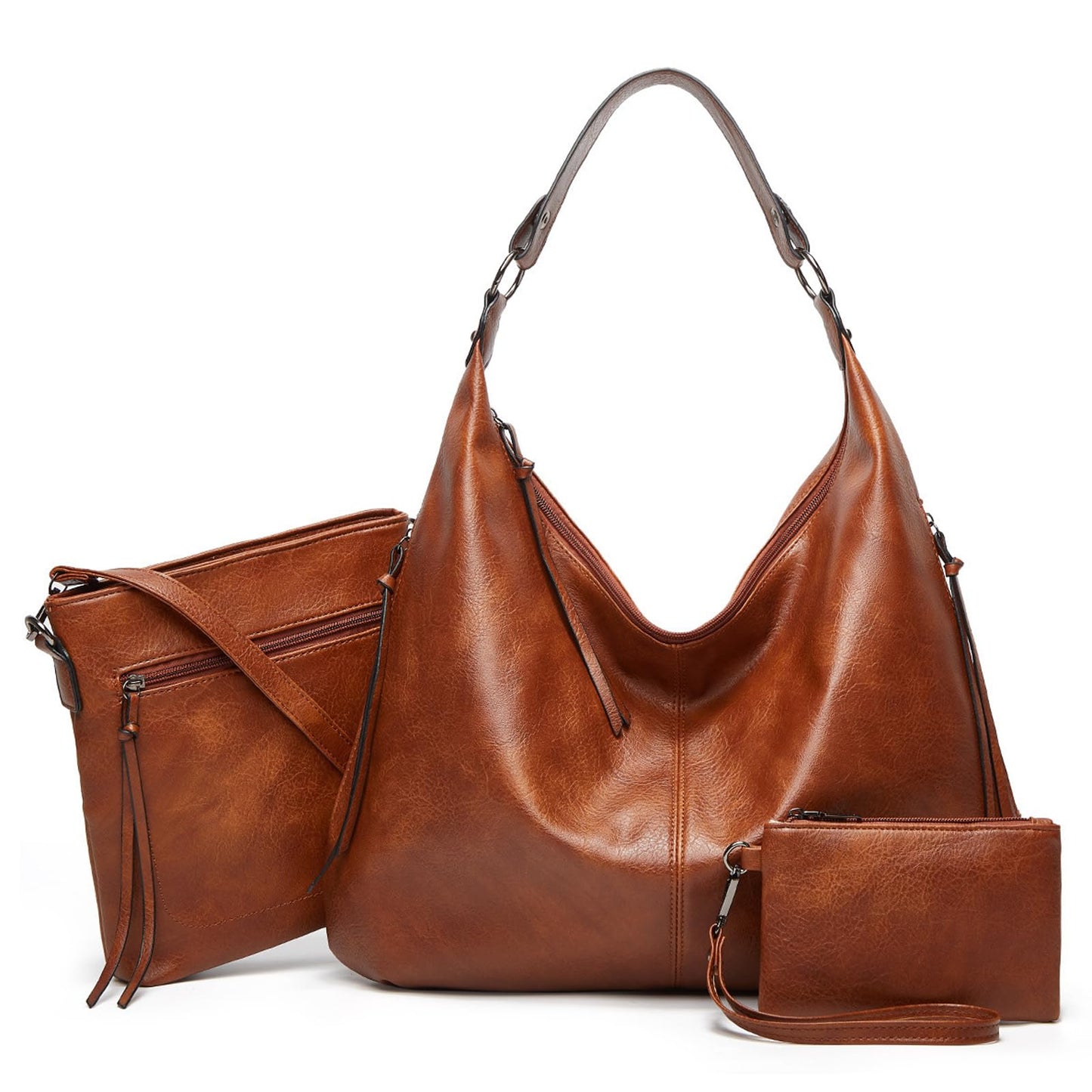 Auralith Soft Leather Handbags for Women - 3 Piece Set with Crossbody Purse & Wristlet, Large Hobo Bags for Work Travel Daily (Brown)