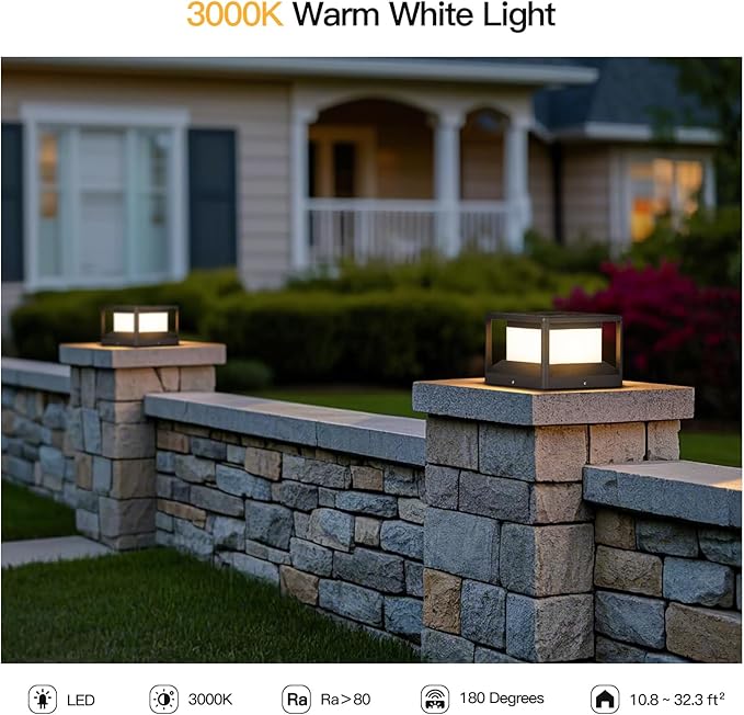Solar Post Light Outdoor, 9.1" Modern Pillar Lamp Waterproof, Aluminum Column LED Lantern Fence Deck Cap Lights Dusk to Dawn, 3000K Landscape Lighting for Patio Driveway Pathway Garden Entrance