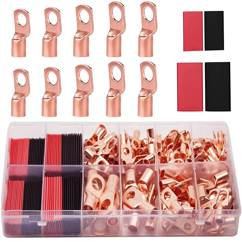 TKDMR 100Pcs Copper Wire Lugs AWG 6 8 10 12 with Heat Shrink Set, 50Pcs Battery Cable Lugs Battery Cable Ends Ring Terminals Connectors with 50Pcs Heat Shrink Tubing