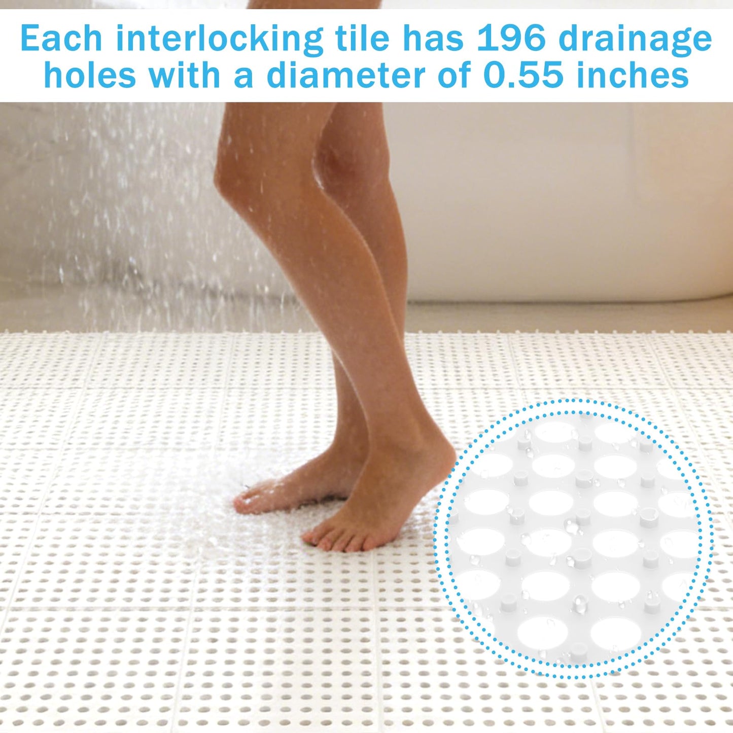 30 Pack 11.8” x 11.8” Interlocking Floor Tiles Bulk White Drainage Pool Flooring Mats Swimming Pool Non Slip Splicing Waterproof Splash Matting Mesh Doormat Modular Interlocking Water Drain 3x10 ft
