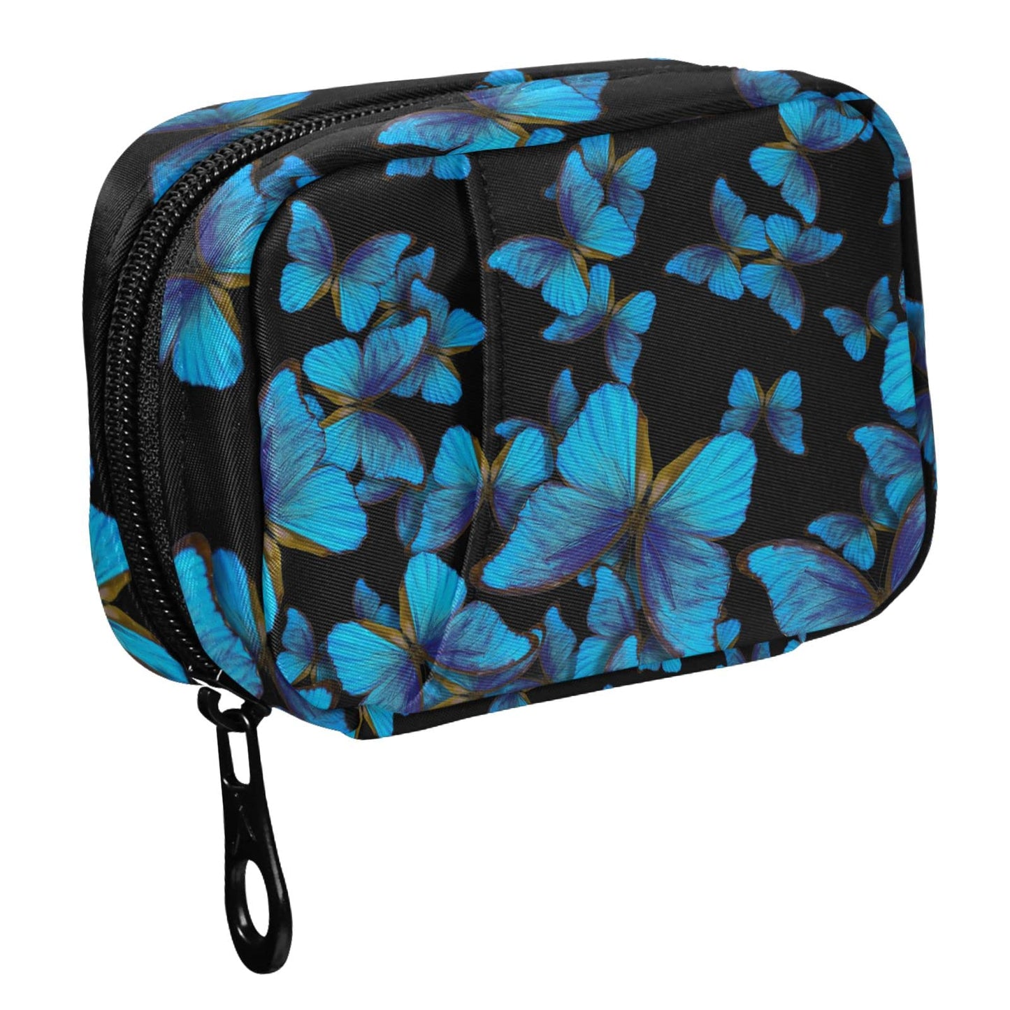 Fustylead Bright Blue Butterflies Travel Pill Organizer Case Zipper for Purse with Removable Weekly Pill Box for Medicine, Vitamin, Supplement Medicine Organizer