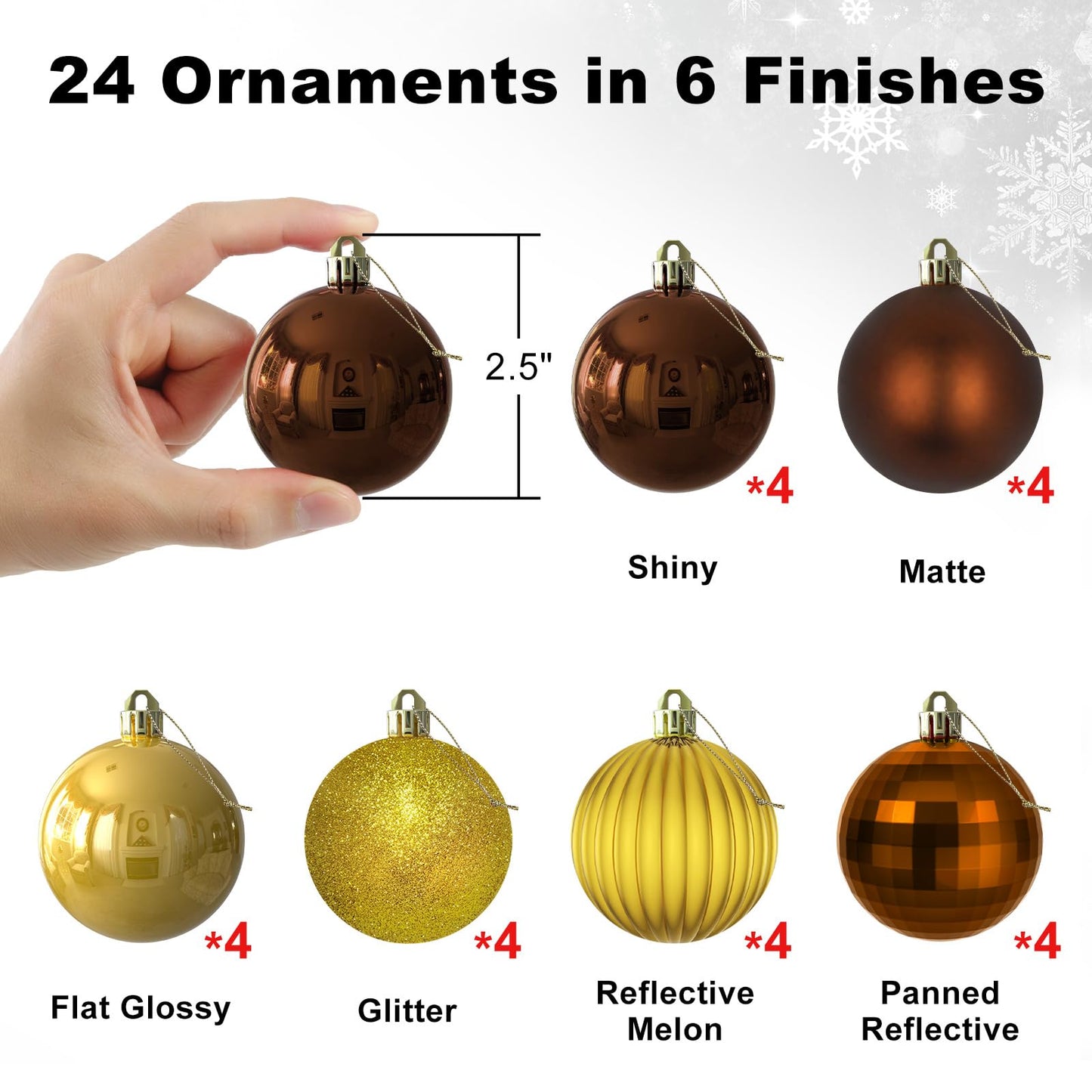 Bronze & Gold 2.5" Christmas Balls Christmas Tree Decoration Ornaments Shatterproof Hanging Balls for Birthday Halloween Holiday Wedding Decorations Set of 24pcs