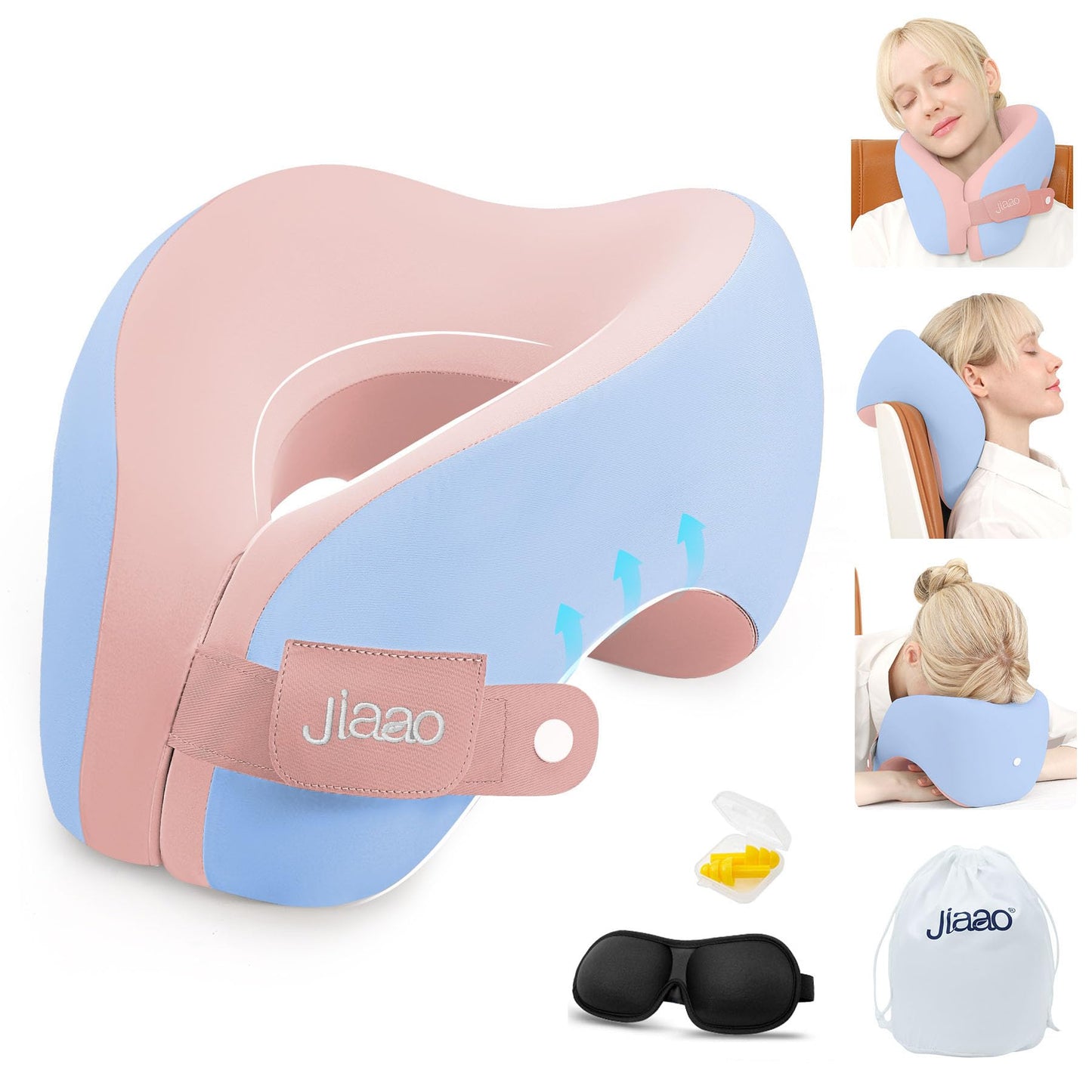 jiaao Neck Pillow Airplane, Memory Foam Travel Neck Pillows for Long Flight, 3D Eye Masks, Ear Plugs and Portable Drawstring Bag, Napping Pillow for Home, Road Trips, Sleep Rest and Travel Use