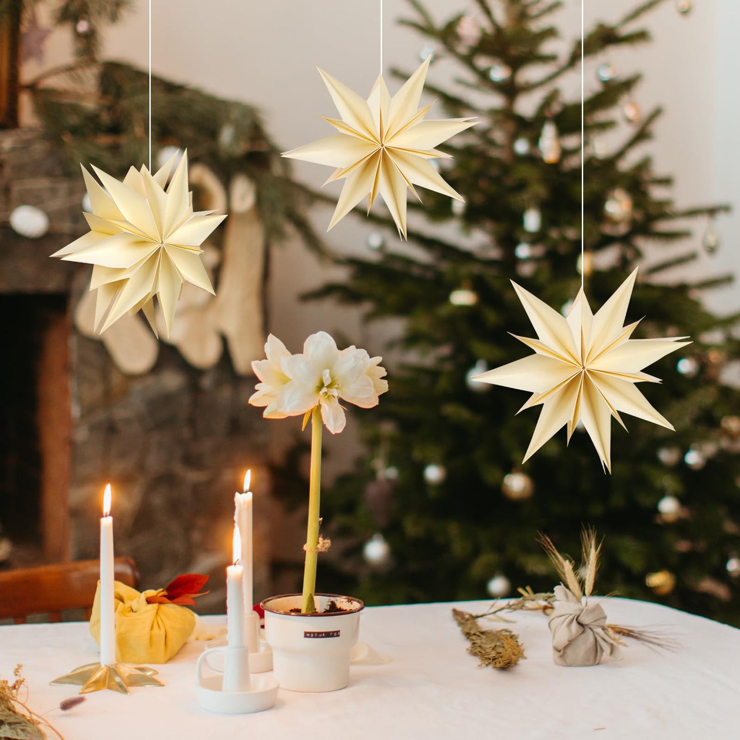 6 Pieces Beige Christmas Paper Star 5 Inch Xmas Hanging Star Ornaments Paper Snowflake Decorations for Little Christmas Tree Tiered Tray New Year Weddings Birthday Holiday Party Home Decor
