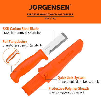 Jorgensen Wood Chisel Knife with Sheath, Wood Chisel for Woodworking with Ergonomic Handle, SK5 Carbon Steel Blade, Full Tang Design, for Carving, Whittling, Splitting
