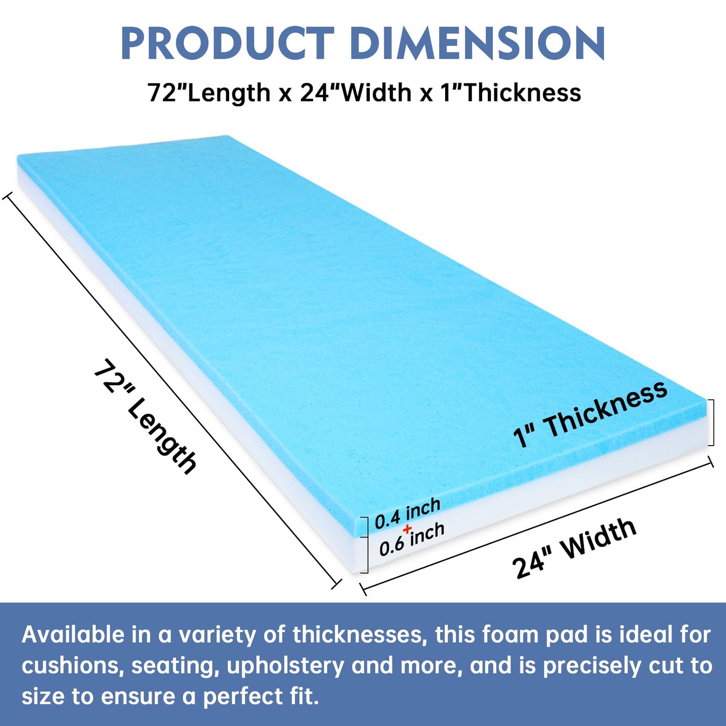 Upholstery Foam, 72" x 24" x 1" High Density Gel Memory Foam Padding Couch Cushion Support, Cut to Size Foam Replacement Pad for Sofa Sag Support