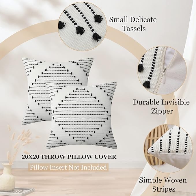 Mecatny Boho Outdoor Throw Pillow Covers 20X20 Set of 2, Farmhouse Decorative Pillow Covers for Couch Sofa Living Room, Black & Cream White