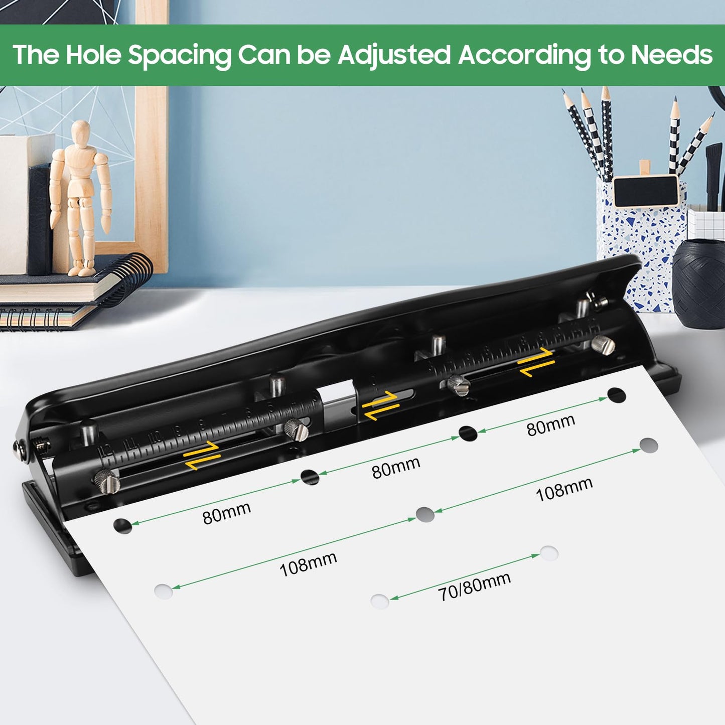 Adjustable 4-Hole Paper Puncher for A4 Refills - 10 Sheet Capacity - Portable Manual Tool with 6mm Hole Diameter - Black Desktop Ring Puncher for Office and School Supplies 999D