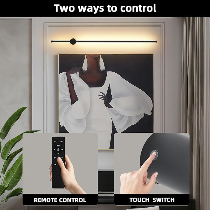 LED Wireless Wall Sconce with Remote Control, Dimmable/350° Rotate/Timing/USB Rechargeable Battery Powered Indoor Wall Lamps, 39.9 inch Black Wall Lights Set of Two for Hallway, Living Room, Bedroom