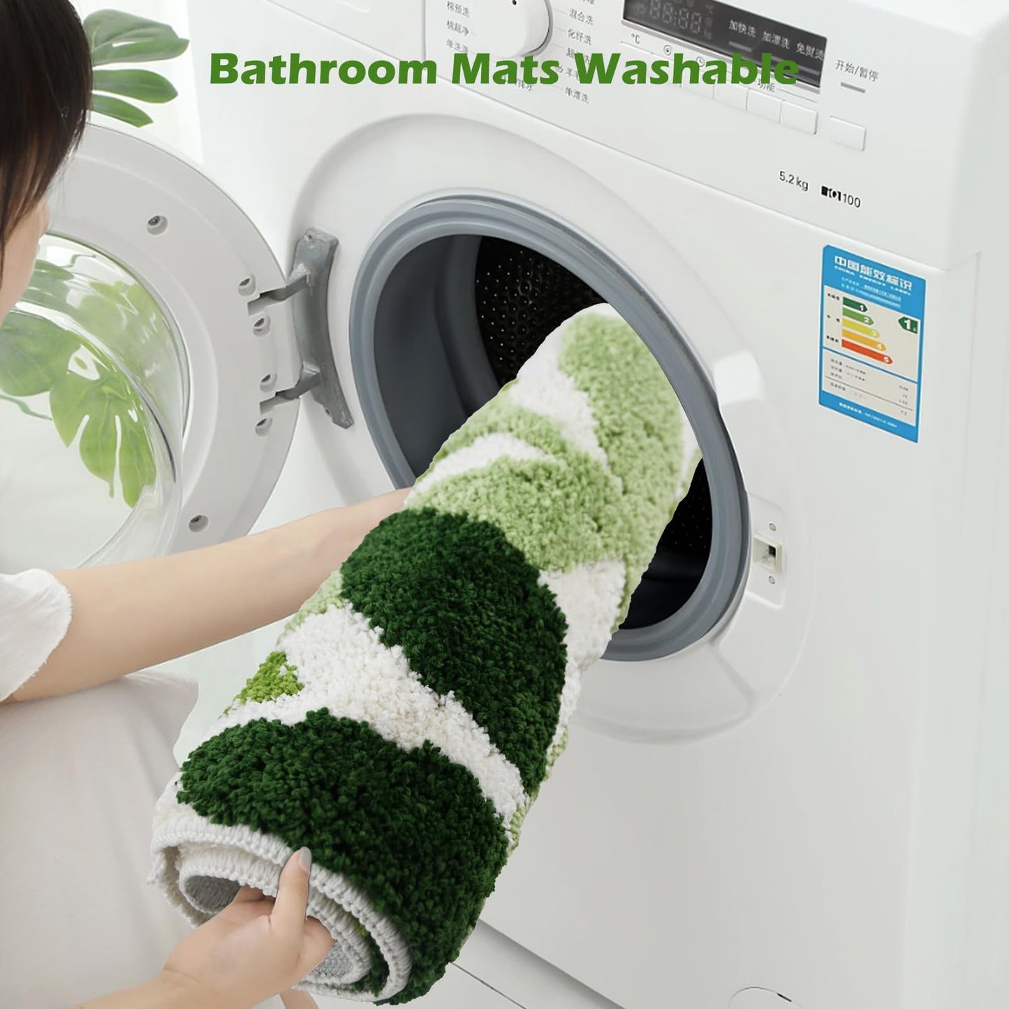 Baahrnom Tufted Toilet Rug 24" x 20" Green Toilet Rugs U Shaped Machine Washable Cute Leaves Toilet Bath Mat Soft Non Slip