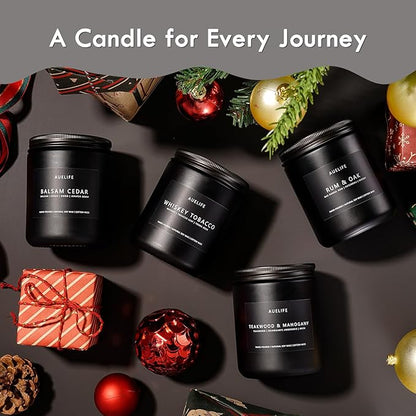 Winter Candle Gift Set for Men – 4 Pack Soy Candles with Balsam Cedar, Teak & Mahogany, Whiskey Tobacco, Rum & Oak – Masculine Scented Candles for Home, Christmas Gift Set for Dad Fathers Day