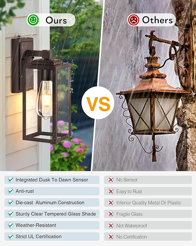 VIANIS 2 Pack Oil Rubbed Bronze Outdoor Lights Wall Mount, Dusk to Dawn Wall Lights for House Outside, Aluminium Modern Porch Lights Sconce, ORB Exterior Lantern Fixture with Waterproof, Anti-Rust
