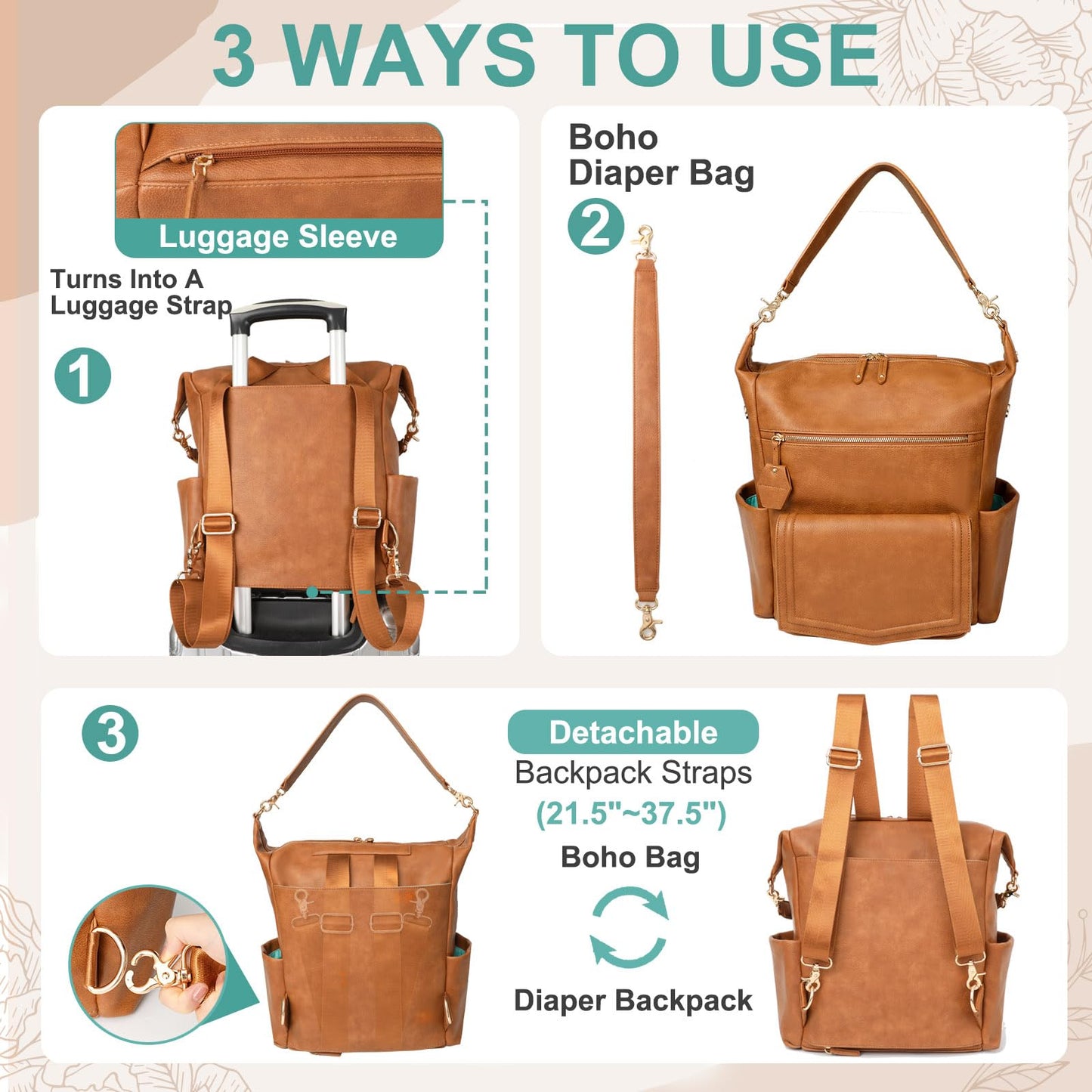 MOMINSIDE Diaper Bag - Leather Convertible Backpack Hobo, Large Mom Baby Bag, 14 Pockets, 6 Bottle, Wipes, Insulated (Brown)