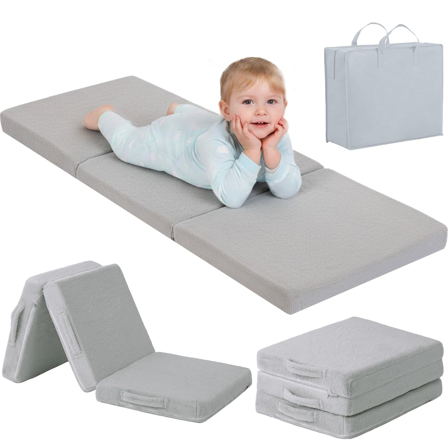 Tiita Foldable Floor Mattress for Kids -Daycare Sleeping Plush Futon or Floor Mat with Storage Bag, Toddler Floor Nap Mat, Portable Toddler Travel Mattress for Camping & Guest Use, Playroom, Grey