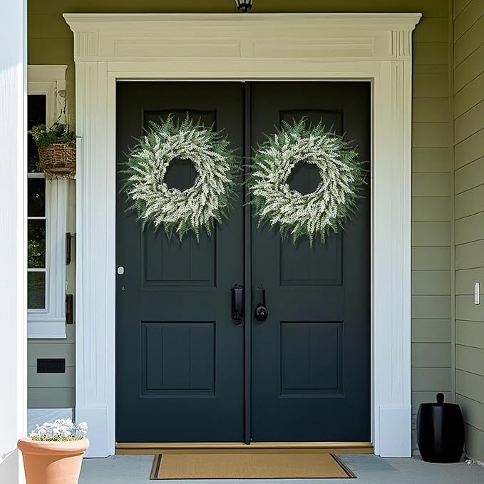 26'' Lavender and Boston Ferns Wreath for Front Door - Large Artificial Greenery Outdoor Wreath for Porch,Window,Farmhouse,Home,Hanging Decor- Spring, Summer, All Seasons (White-Green)