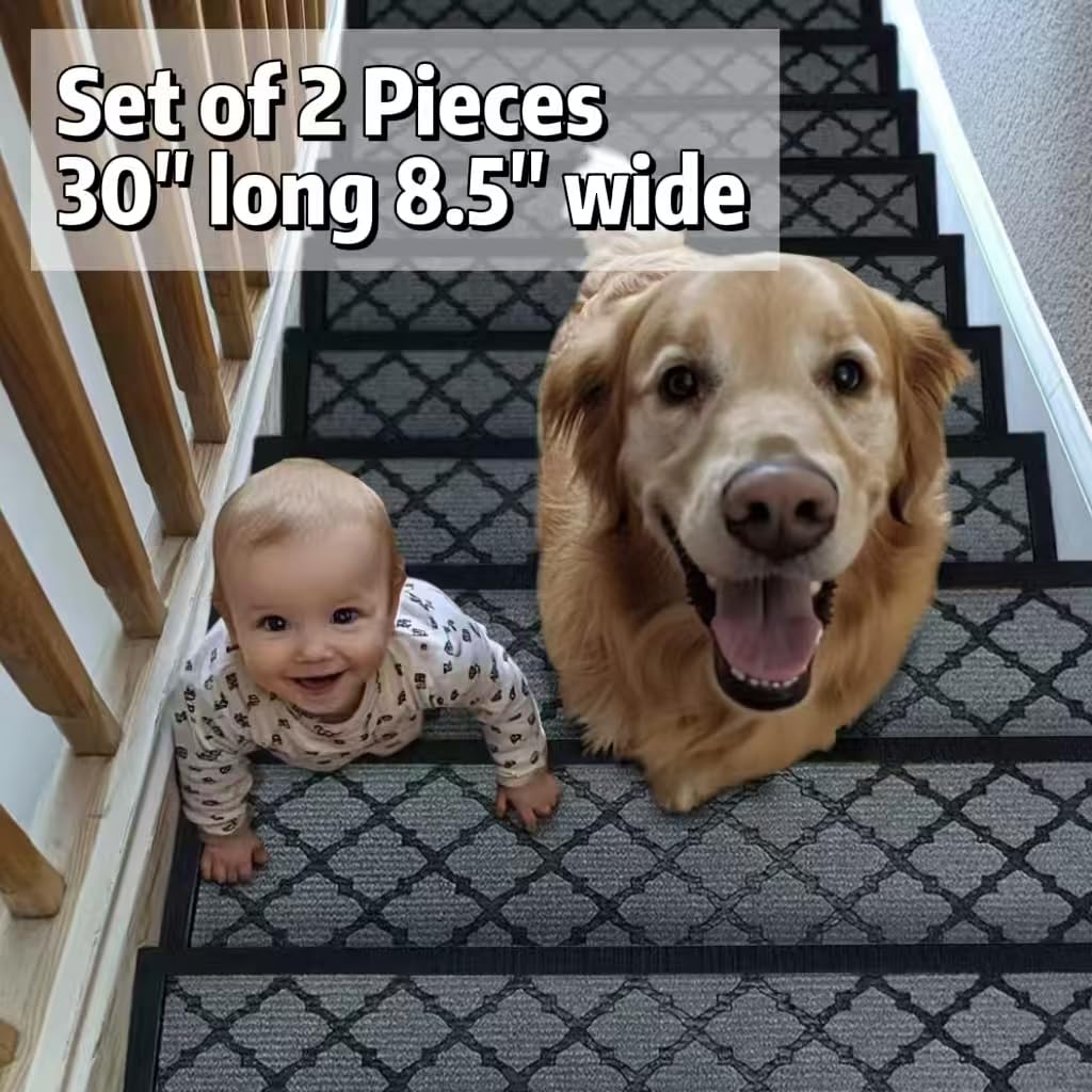 Aucuda 2pcs 8.5" x 30" Stair Treads Outdoor for Elders and Dogs on Wooden Steps, Non Slip Stair Runner Rug Heat Insulation Rubber Backing, Gray Lattice Staircase Mat Carpet for Indoor Grip Farmhouse.