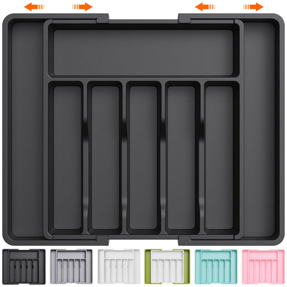 Lifewit Silverware Drawer Organizer, Expandable Utensil Tray for Kitchen, BPA Free Flatware and Cutlery Holder, Adjustable Plastic Storage for Spoons Forks Knives, 8.5"-14.1" x 12.1", Black