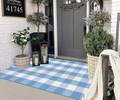 Buffalo Plaid Rug 3'x 5' Light Blue and White Checkered Porch Rug Cotton Woven Washable Layering Door Mat for Welcome Door Mat Porch Entryway Bedroom Living Room