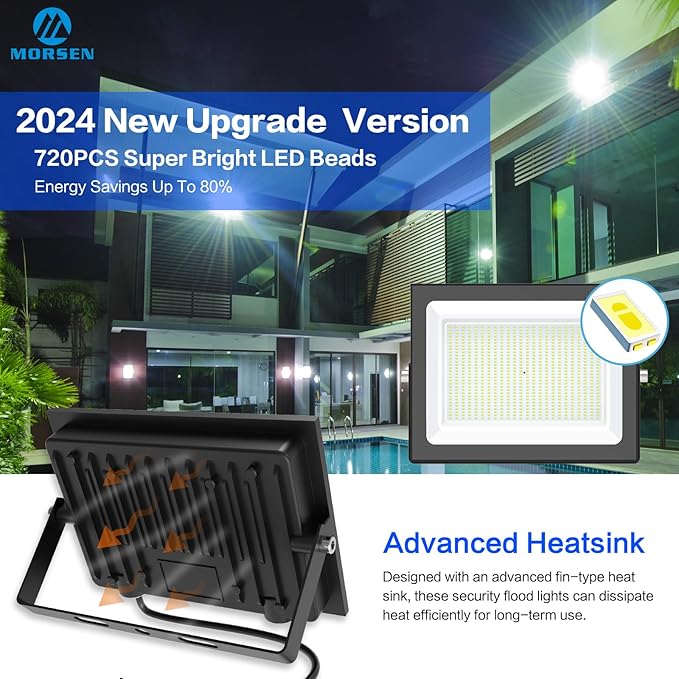 MORSEN 500W Flood Lights Outdoor, 60000lm Bright LED Work Light with Plug, 6500K Daylight White LED Flood Lighting, IP66 Waterproof Security Yard Lights for Yard Garage Stadium 2 Pack