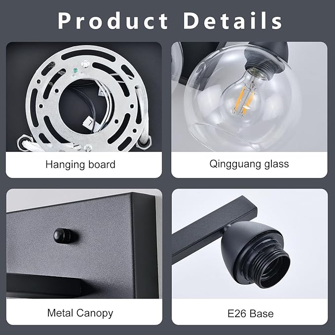 4-Light Bathroom Vanity Light, Matte Black Wall Sconce with Hand-Crafted Thick Glass Shades, High Transparency & Few Flaws, Perfect for Mirror, Bedroom, Hallway
