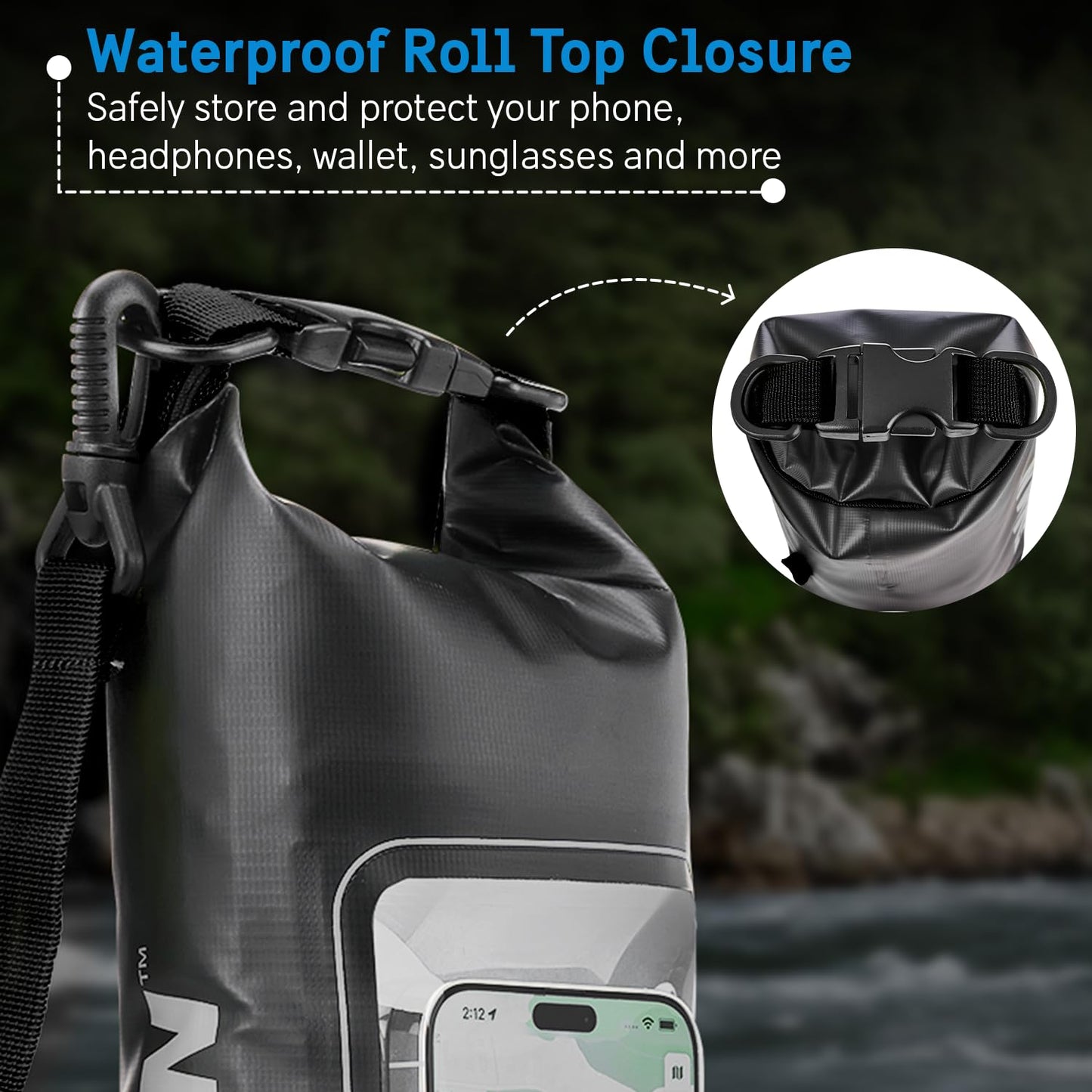 Pelican Marine IP68 Waterproof Dry Bag 2L - Roll Top Waterproof Backpack w/ Phone Case / Pouch - Boating & Kayak Accessories - Essentials for Camping Swimming Beach Fishing Rafting Travel - Black
