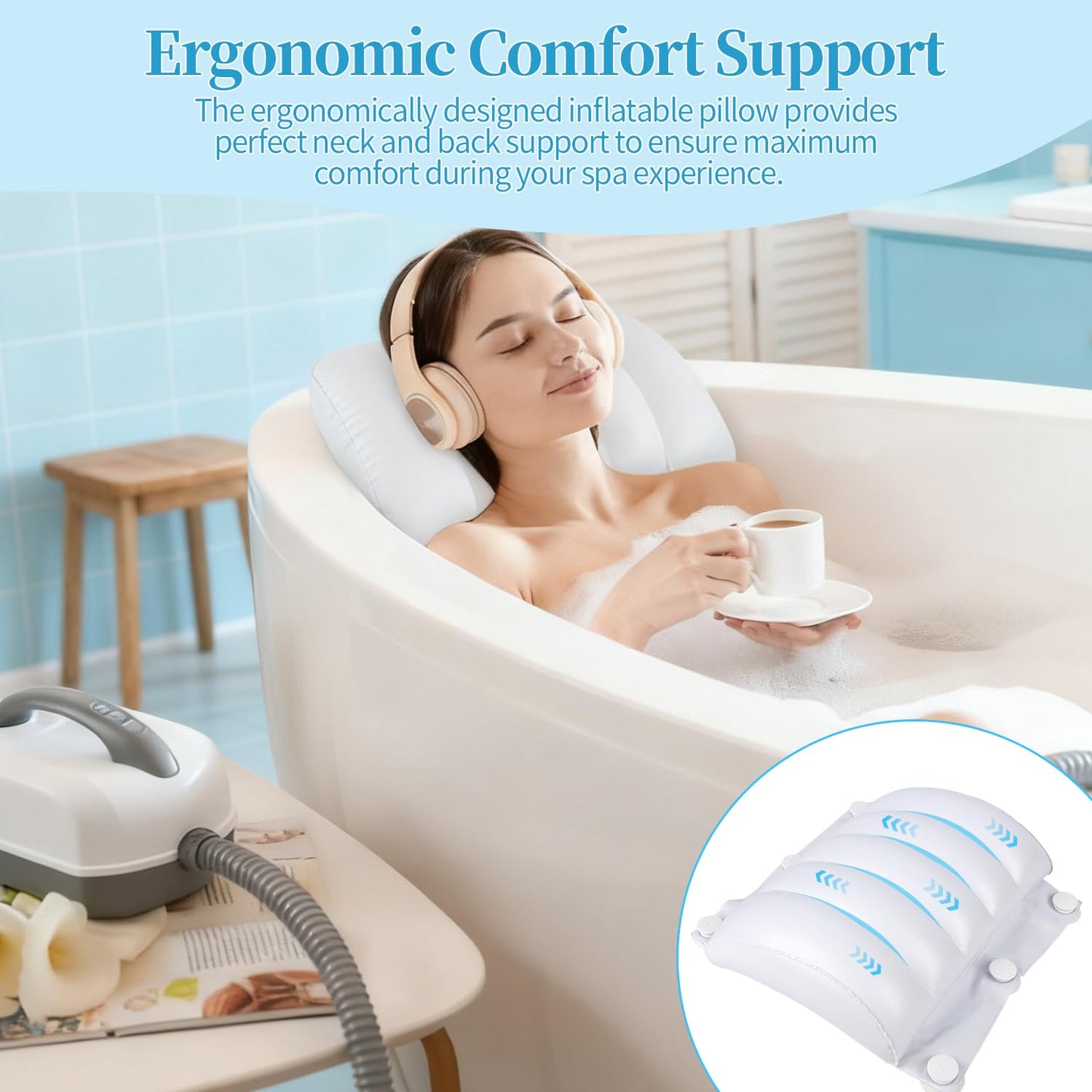Crossing King Portable Spa Bubble Bath Massager - Bubble Bath Mat Tub Spa Massager with Upgraded Powerful Suction Cup, Electric Air Pump, Pillow and Remote Control for Relaxation, 45 * 17in (Blue)