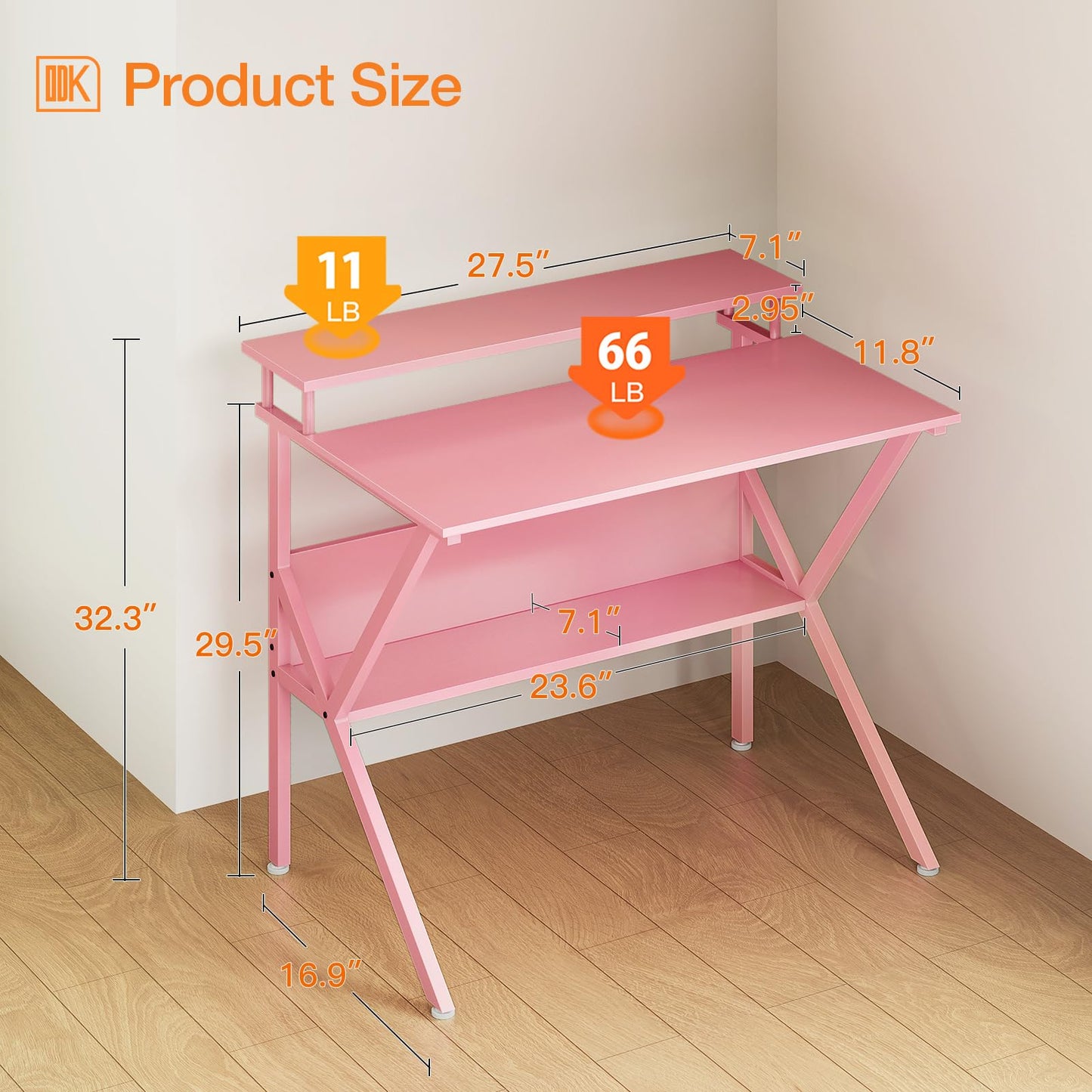 ODK Small Desk, 27.5 Inch Computer Desk for Small Spaces, Study Desk with Storage & Monitor Stand, Pink