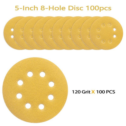 POTUINOM 100PCS 5 Inch 8 Hole Sanding Discs 120 Grit,Gold Round Hook and Loop Sandpaper for Random Orbital Sander