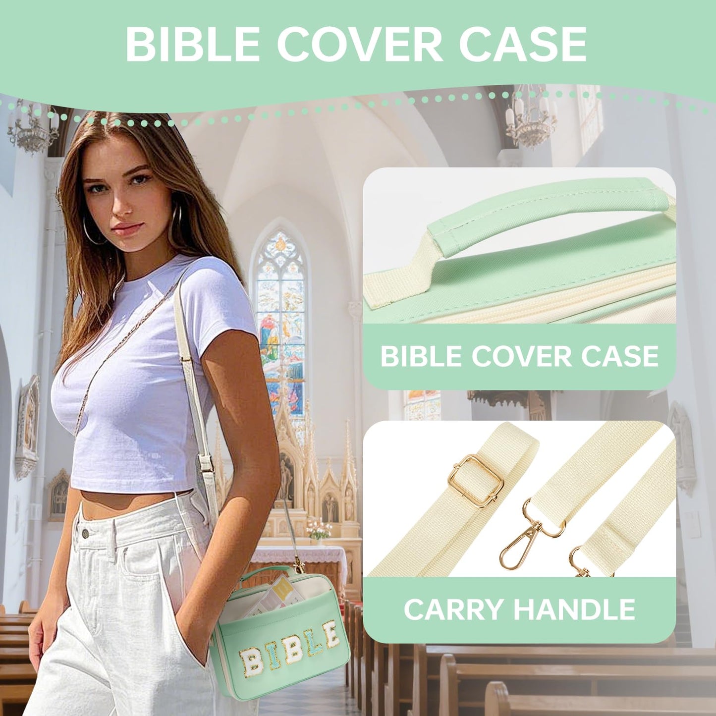 Siwara Bible Cover Case for Women - Large Bible Bag with Bible Study Supplies - Leather Western Bible Cover Carrying Tote Bags - Green