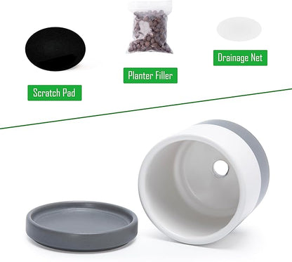 D'vine Dev 3.5 Inch & 4.7 Inch Ceramic Planter Pots for Plants with Drainage Hole and Saucer, X-Small Plant Pots Set, White/Speckled Grey, 94-G-XS-6
