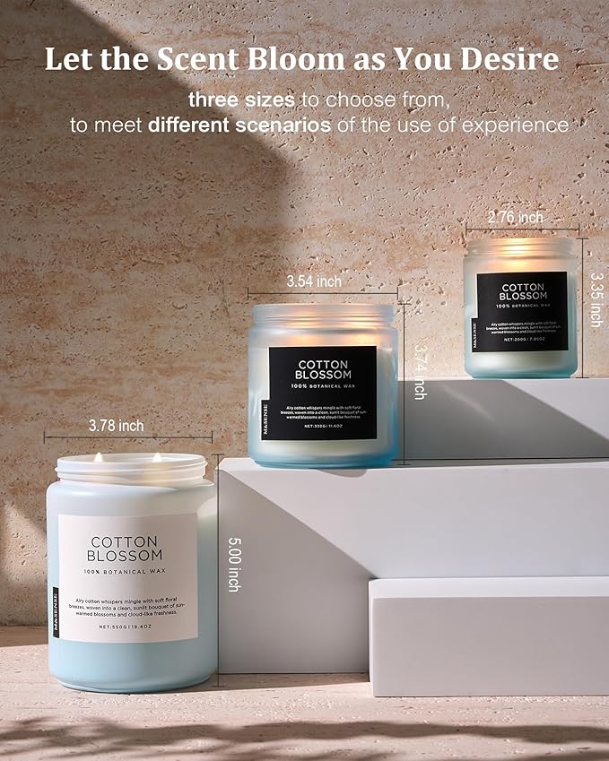 M&SENSE Clean Cotton Scented Candle - 19.4oz Natural Soy Wax Clean Cotton Blossom Scent Non Toxic Candle, 110-Hour Slow Burning 2-Wick Aromatherapy Home Fragrance Gifts for Home Decor