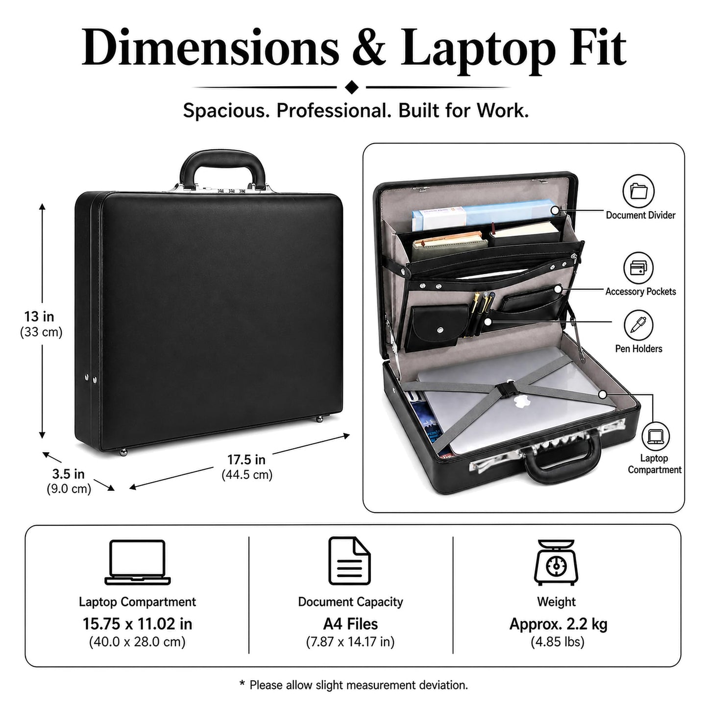 HAESTUS Leather Briefcase for Men with Combination Lock, Classic Hard Shell Attache Case in Black, Fits 16 Inch Laptop