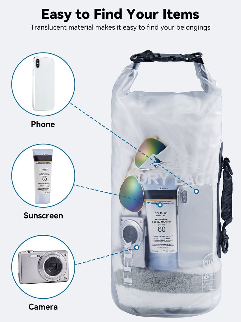 HEETA Dry Bag Waterproof for Women Men, Roll Top Lightweight Dry Storage Bag Backpack with Phone Case for Travel Swimming Boating Kayaking Paddle Board Camping Beach Accessories (White, 10L)