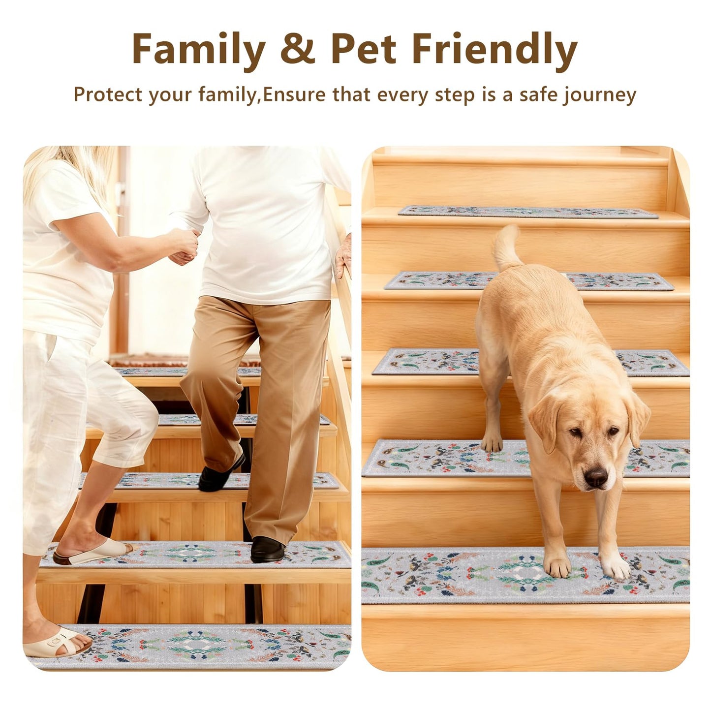 Retro Stair Treads Non Slip for Wooden Steps, 8"x30" Stair Carpet TPR Backing Stair Carpet Treads Soft Stair Runner Washable Reusable Stair Rugs Indoor Safety Stair Mats for Elders Kids Dogs Grey