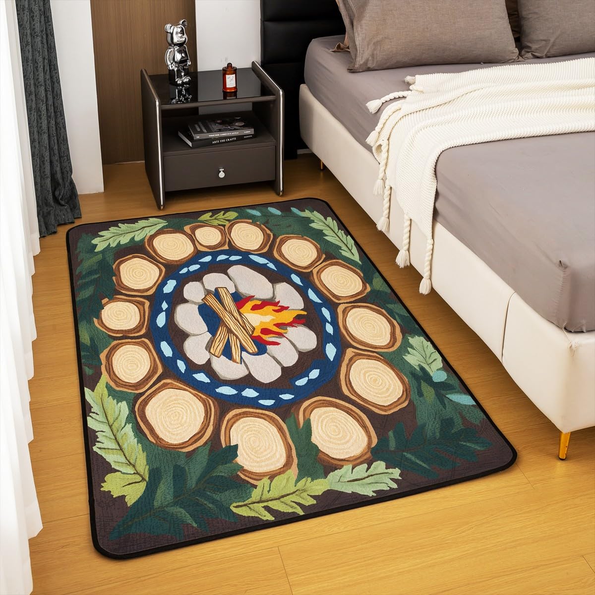 Feelyou Campfire Fun Living Room Rugs Tree Stump Area Rug 5x7 for Kids Boys Girls Woodland Tree Themed Decorative Carpet Campsite Summer Indoor Floor Mat Green Classroom Rug