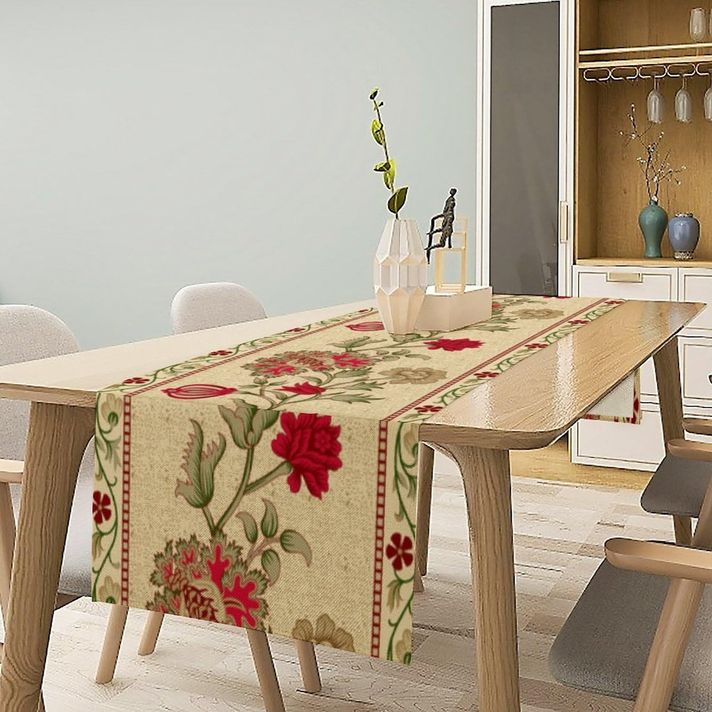XBDDZSW Rustic Floral Table Runner, Ethnic Style Leaf Flower Art Design Patterns Printed Linen Table Runner for Home Kitchen Dining Table Decoration 13x36 Inch