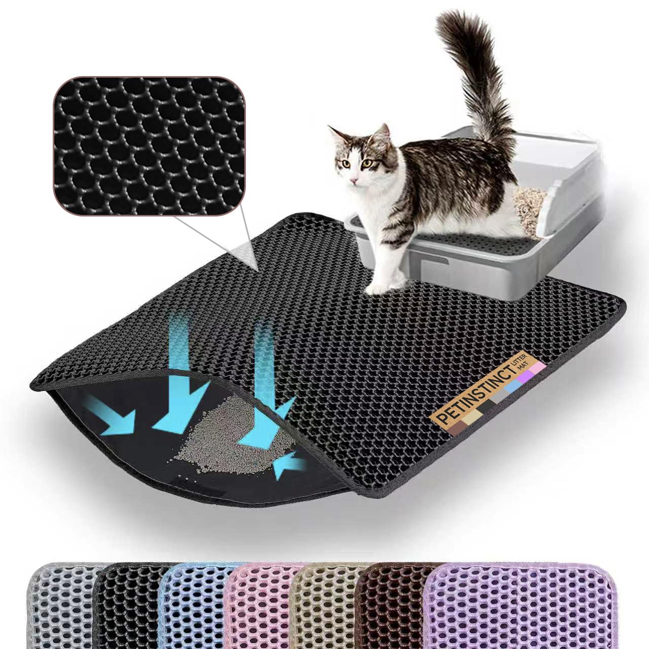 Petinstinct Cat Litter Mat, Double Layer Honeycomb Cat Litter Trapping Mat, Non Slip Waterproof Urine Proof Cat Litter Box Mat for Floor, Kitty Litter Rug, Cat Supplies, Black, 24x18 Inches
