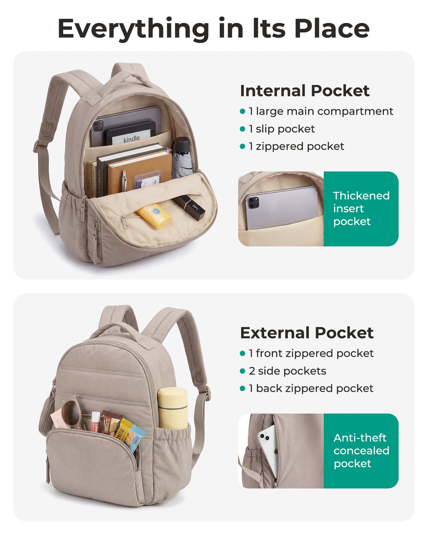 BAGSMART Small Backpacks for Women, Lightweight Puffer Mini Backpack Purse with Pouch, Quilted Casual Daypack, Water-Resistant Bookbag for Daily Travel College, 2-in-1 Set, Latte Brown