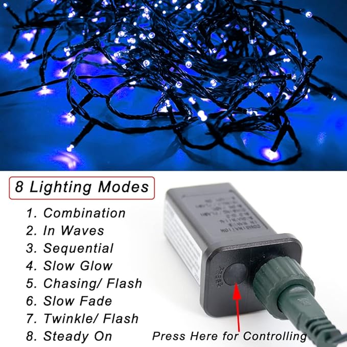 Pooqla Christmas Blue String Lights, 200 LED 66 ft Indoor and Outdoor Lights, 8 Modes Holiday Fairy Light for Home Yard Patio Wedding Party, Halloween Decoration, Blue