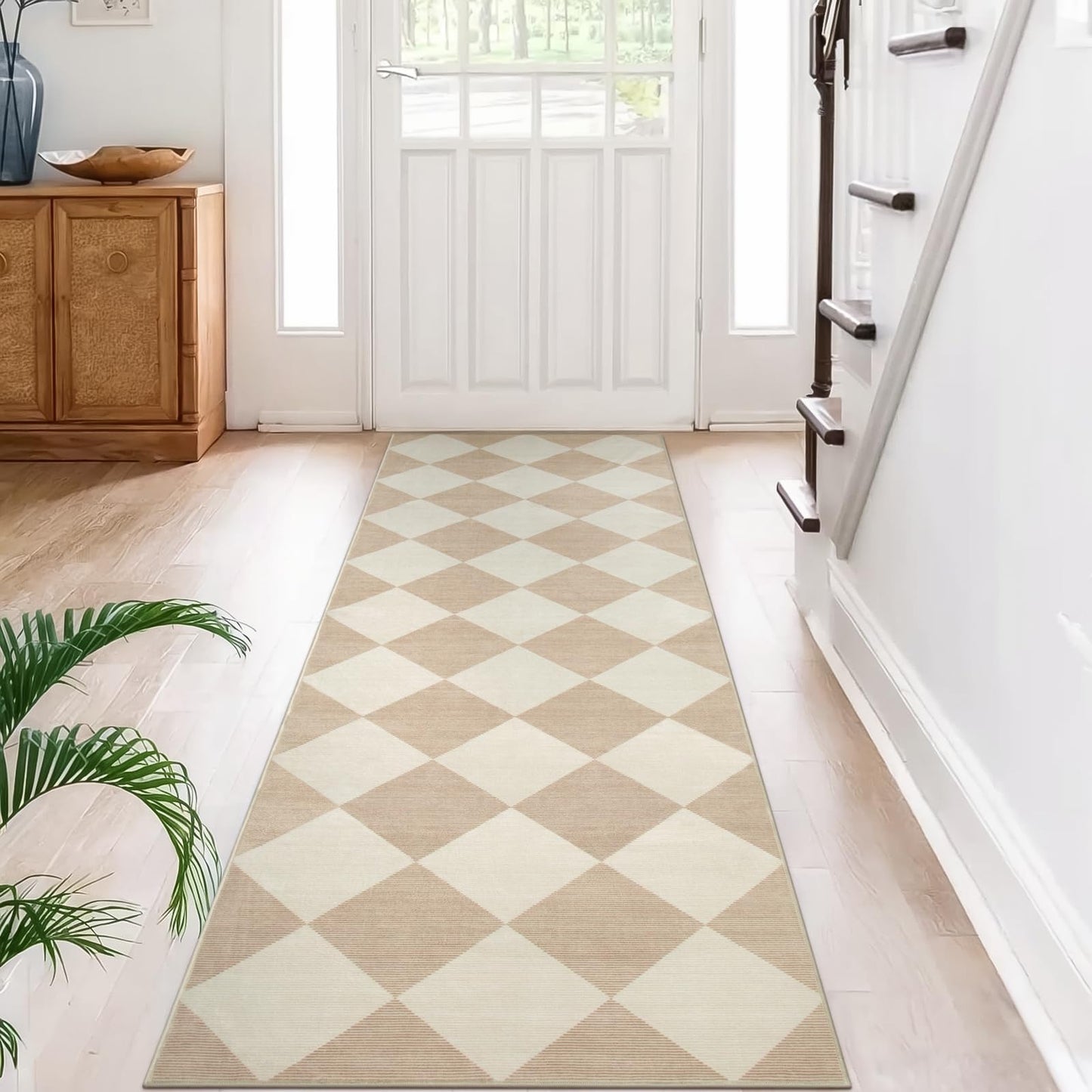 Beeiva Checkered Print Rug Runners for Hallways Non Slip 2.5x8, Ultra Thin Beige Kitchen Runner Rugs Non Skid Washable, Classic Neutral Gingham Decor Faux Wool Carpet for Bathroom Bedroom Entryway