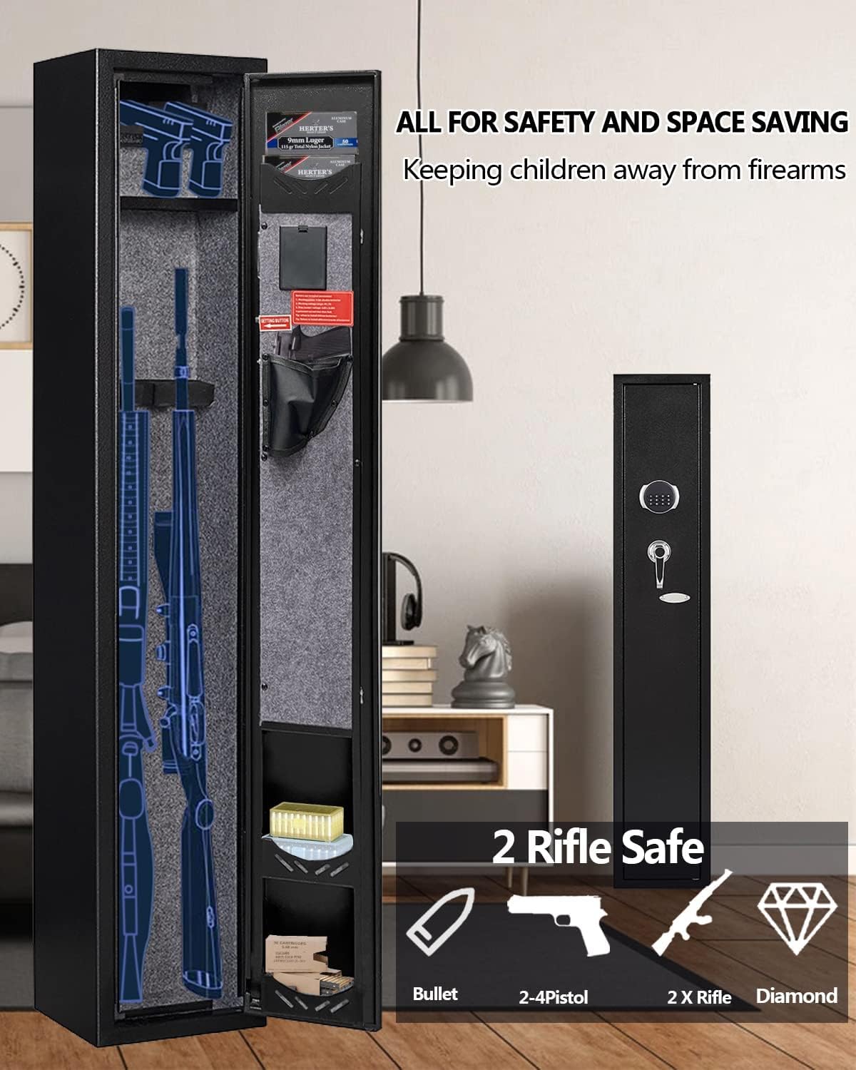 KAER 2-3 Gun Safe, Gun Safe for Rifles and Pistols, Rifle Safe, Gun Cabinet with Digital Keypad Lock, Rifle Safe with 4 Gun Slots and Pistol Pockets for Secure Storage in Garage, Bedroom, Living Room